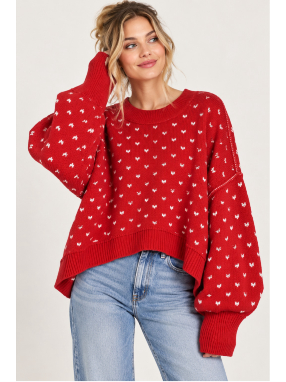 Free People XL NWT Red White Oversized Knit Sweater Slouchy Pullover